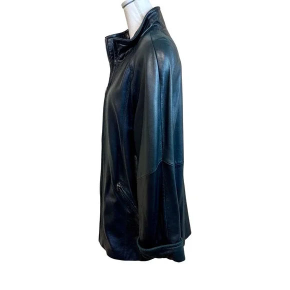 Vintage Y2K LIZ CLAIBORNE Black Leather Car Coat Jacket Zip Sz M Minimalist Goth - Picture 11 of 16
